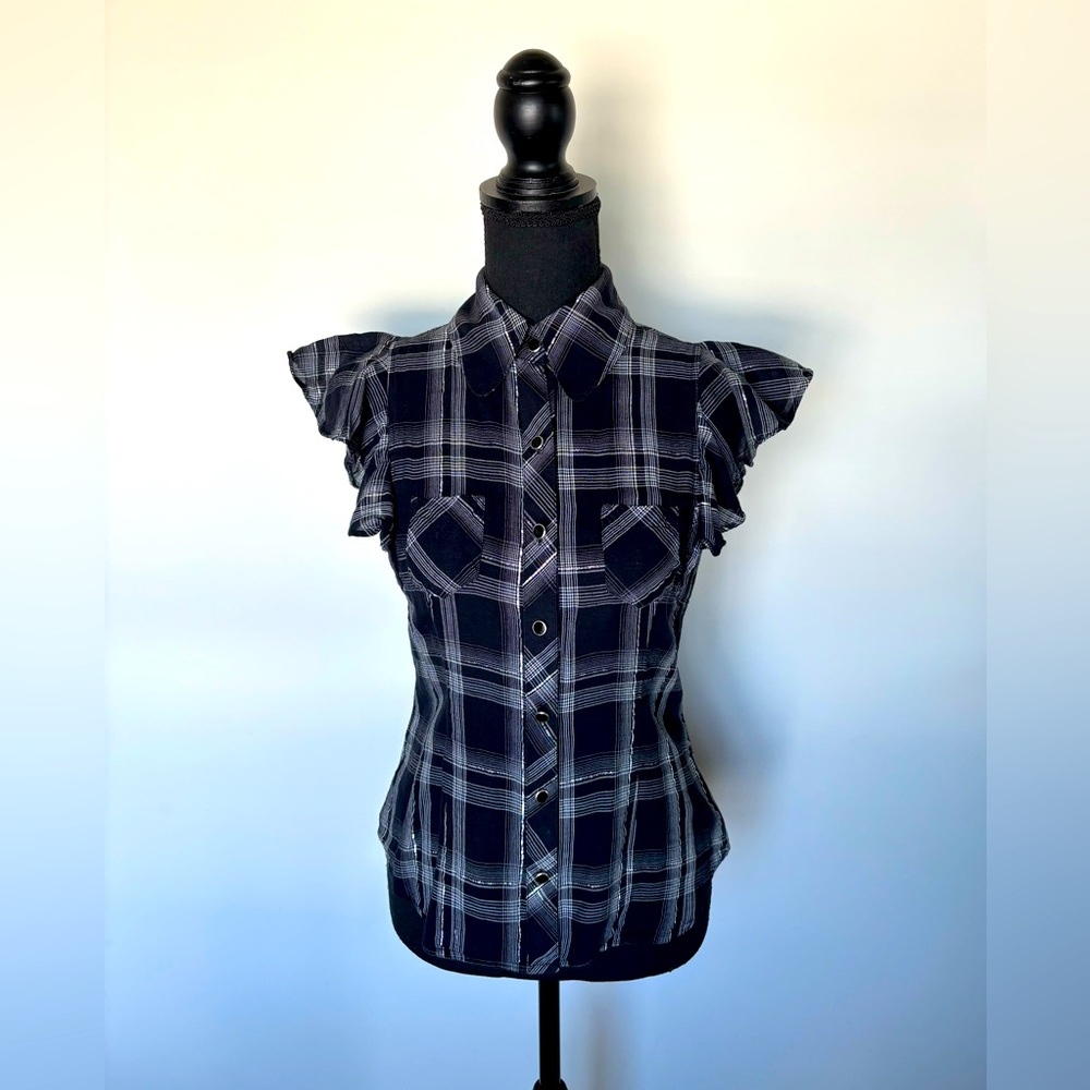 Express Women’s Ruffled Sleeve Blouse Top black with silver sparkly thread XS